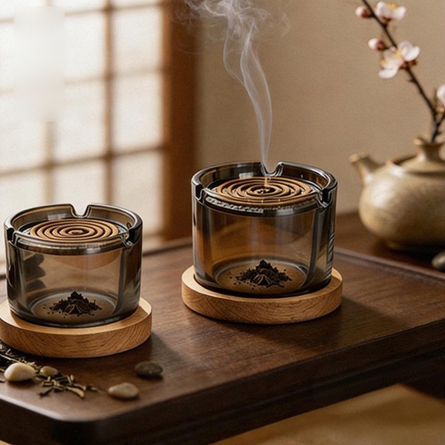 Smoke-grey glass censer with a circular cha-dao silhouette